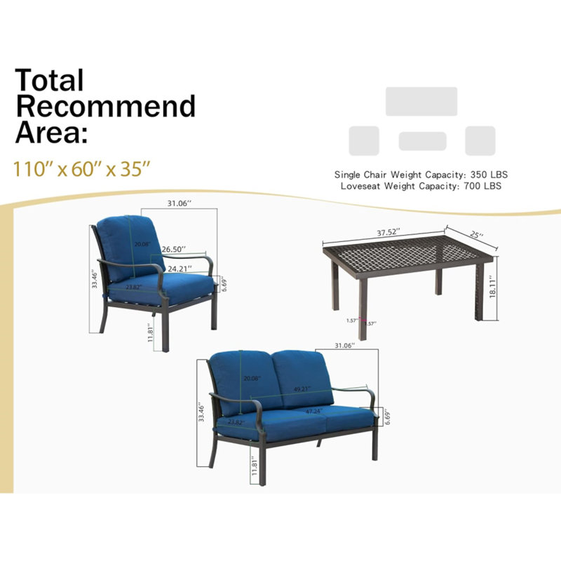 Ensemble de conversation d'extérieur pour patio 4 pièces, Marine