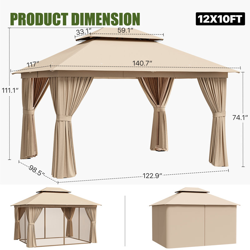 12 Ft. W x 10 Ft. D Outdoor Gazebo With Double Roof, Spacious Canopy With Netting & Curtains, For Patio, Lawn & Backyard