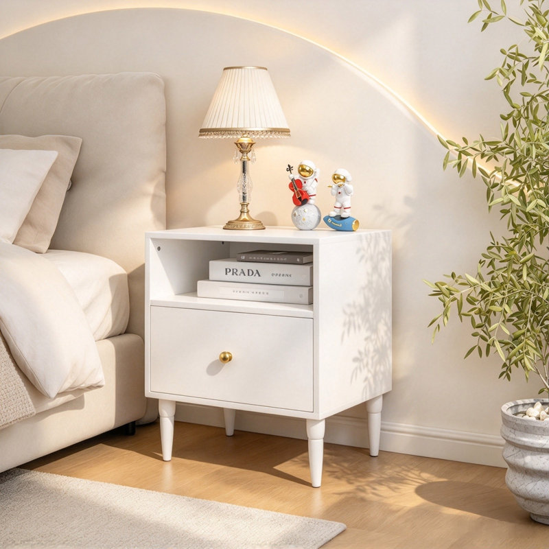 Table de chevet avec tiroir et compartiment de rangement ouvert, table d'appoint moderne avec pattes en bois massif, table de chevet pour chambre ou salon