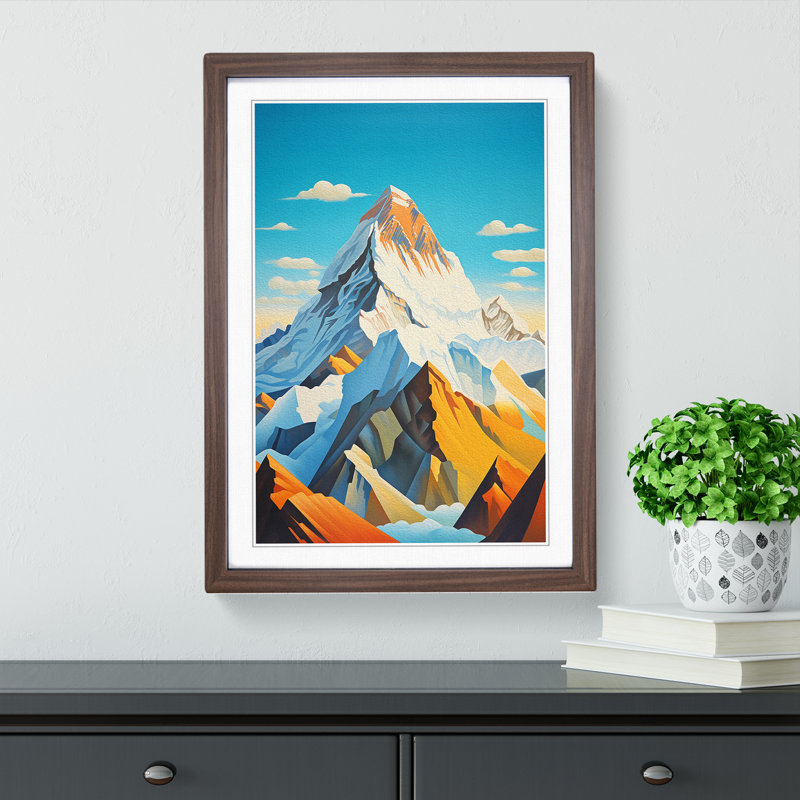 Mount Everest Art Deco - Single Picture Frame Print on Wood, Walnut, 64cm H x 46cm W x 2cm D