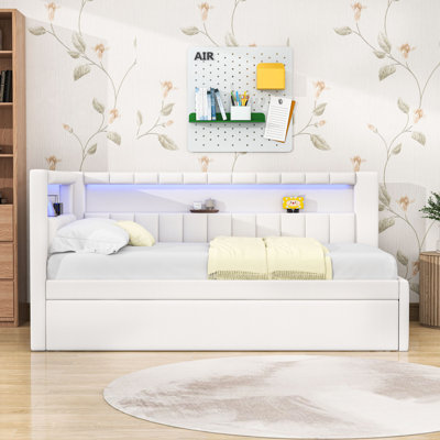 Twin Wooden Bed with Trundle,USB and LED