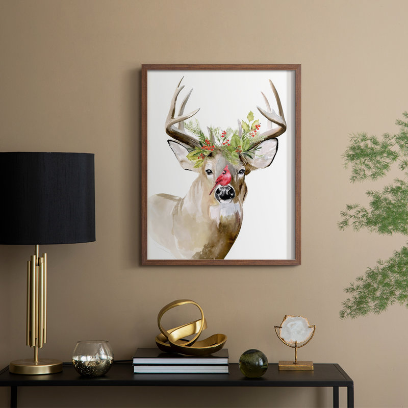 «Holiday Deer II», reproduction encadrée - bois massif, Noyer, H 15 po x l 12 po