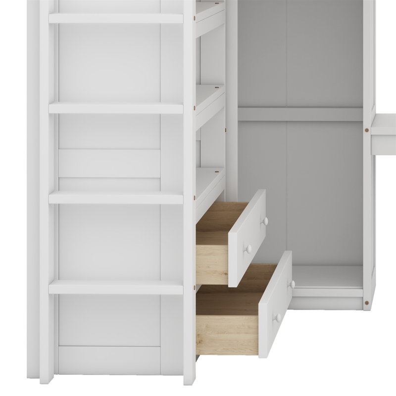 Lit mezzanine avec garde-robe intégré, bureau, tablettes de rangement et tiroirs, Blanc