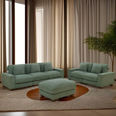 Zeno Green Corduroy Sectioanl 6-Piece Living Room Sofa Set With Single Ottoman