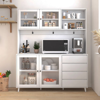 63" W Large Kitchen Hutch Cabinet, Freestanding Pantry Cabinets Storage Kitchen Cupboard With 4 Doors, 4 Drawers & Microwave Shelf, White
