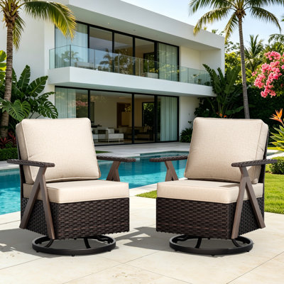 2-Person Polyethylene (PE) Wicker Outdoor Lounge R-Armrest, Swivel & Rocking Chair with Beige Cushions