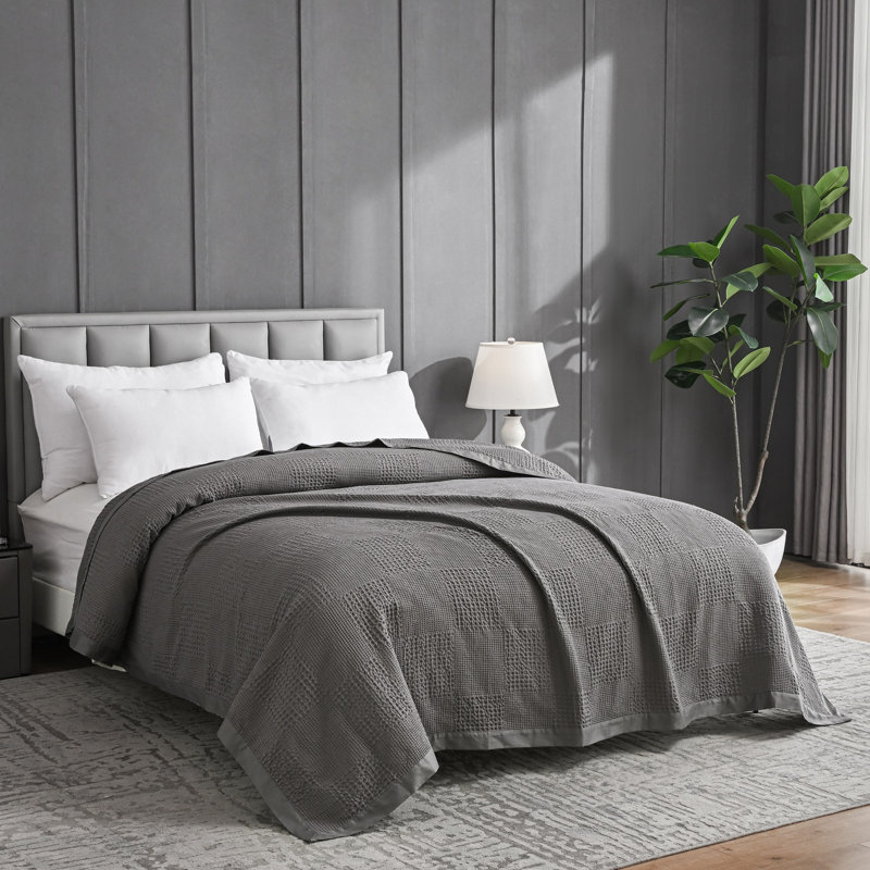 Twin Taupe and White Cotton Waffle Blanket with Sateen Binding
