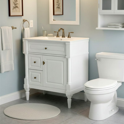 Armoire de salle de bain 30 po avec lavabo autoportant avec tiroir rabattable et tablette réglable, structure en bois d'hévéa massif, panneaux de fibres à densité moyenne et poignées en métal