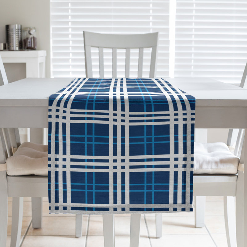 Paid Polyester Table Runner, 90" L x 16" W, Navy Blue/Powder Blue/White