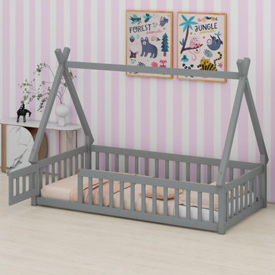 Whimsical Tent-Shaped Bed With Integrated Guardrails, Support Slats, And Doorway Design