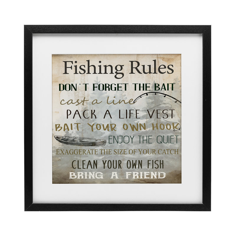 «Fishing Rules Rustic List», reproduction sous verre encadrée, conception de Kim Allen, H 13 po x l 13 po, Cadre noir minuit