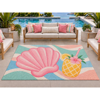 5’ x 7’ Outdoor Area Rug Pink Seashell Pineapple Tropical Waves, Heavyweight Waterproof PVC Coil Loop Carpet, Quick Dry Indoor Outdoor Mat for Poolside Patio Porch Deck Entryway Large Doormat
