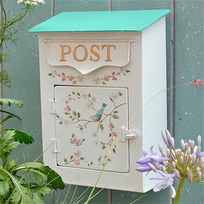 White Floral Metal Lockable Wall Mount Mailbox