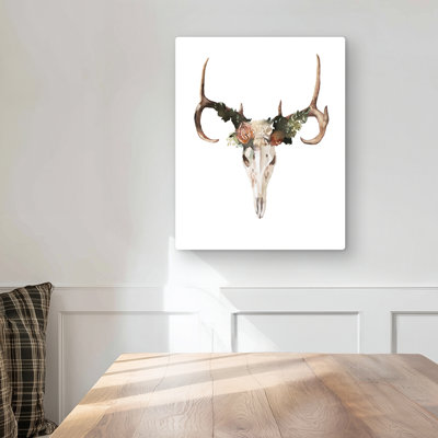 Deer Skull with Roses - Rustic Metal Print for Home Decor
