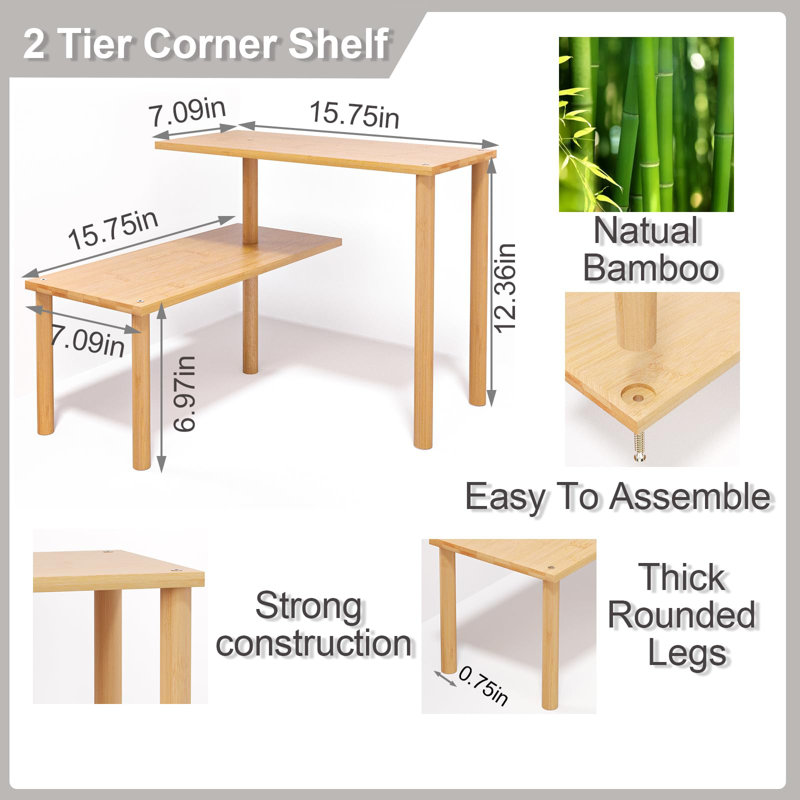 2 Tier Bamboo Corner Shelf, Cabinet Organizer Shelves For Countertop, Adjustable And Moveable Spice Rack For Kitchen,Bathroom,Coffee Area