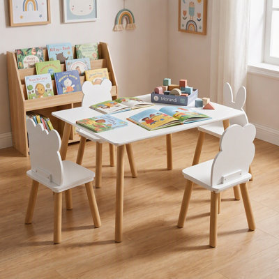 Kids 5 Piece Table and Chair Set, Wooden Play Or Activity Table Set ,White