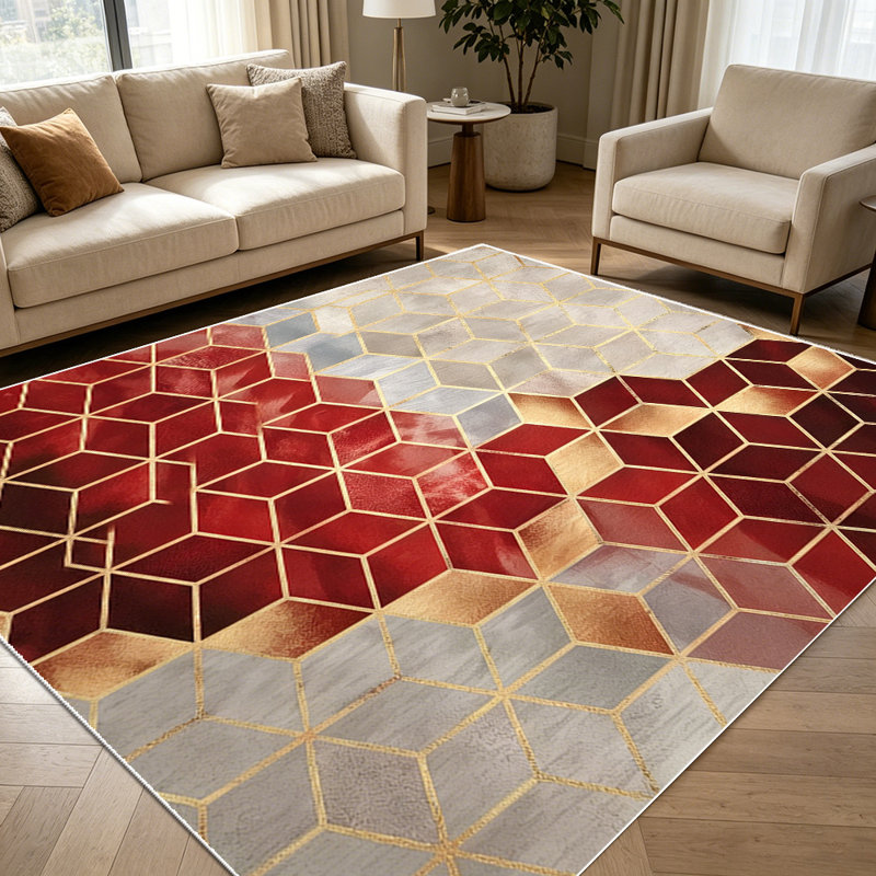 1PC Geometric Hexagon Burgundy Gold Marble Pattern area rugs for Living Room, Soft and Comfortable, Suitable for all seasons, easy-to-maintain, machine washable Indoor floor mat, Under Table Farmhouse suitable for dining room, bedroom, kitchen