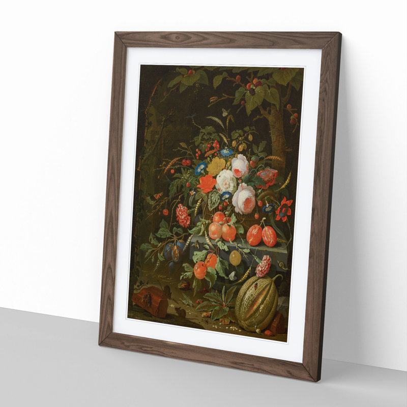 Still Life with Flowers and Fruit Vol.2 by Abraham Mignon - Picture Frame Painting, 36cm H x 27cm W x 2cm D, Walnut