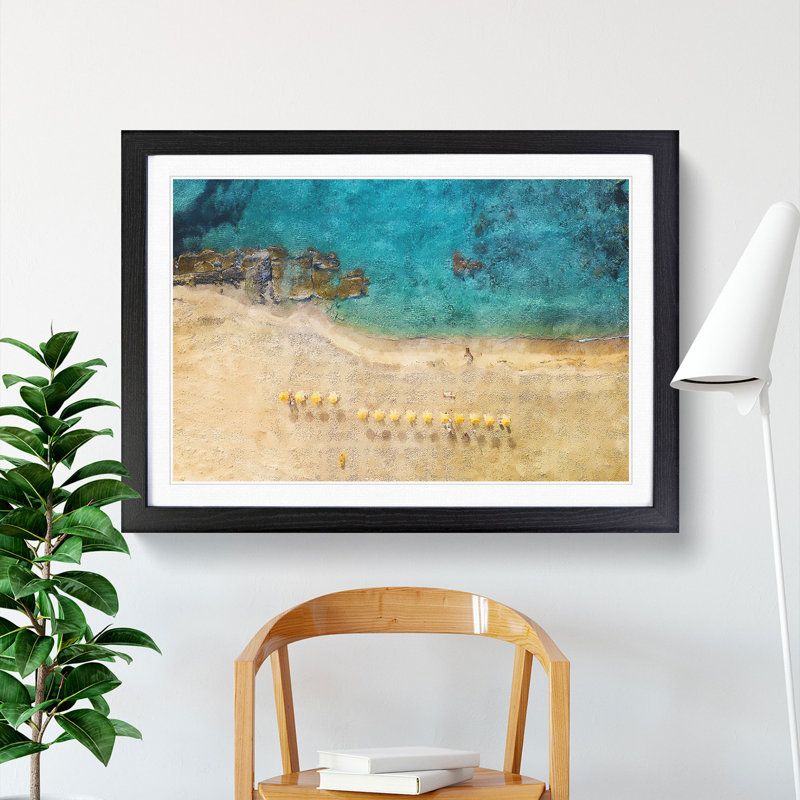 Birds Eye View of a Beach in Crete - Picture Frame Painting on MDF, 48cm H x 65cm W x 2cm D, Black Framed