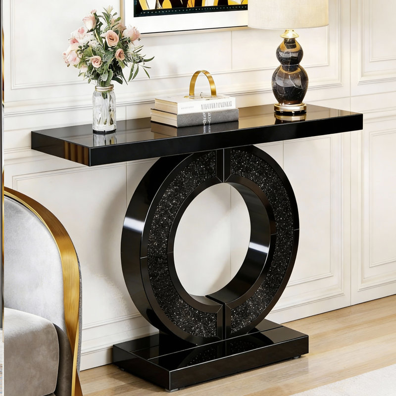 Console à miroir en forme de O avec table d'entrée en cristal pour le salon (table basse incluse), Noir