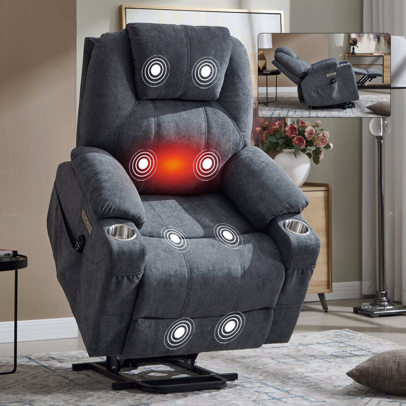 Polyester With Power Lift Function Recliner Chair, With Heavy-Duty Motion Mechanism With 8-Point Vibration With Massage Function And Lumbar With Heating Functioning, With USB Port And With Type-C Port Ports, Stainless Steel With Cup Holders