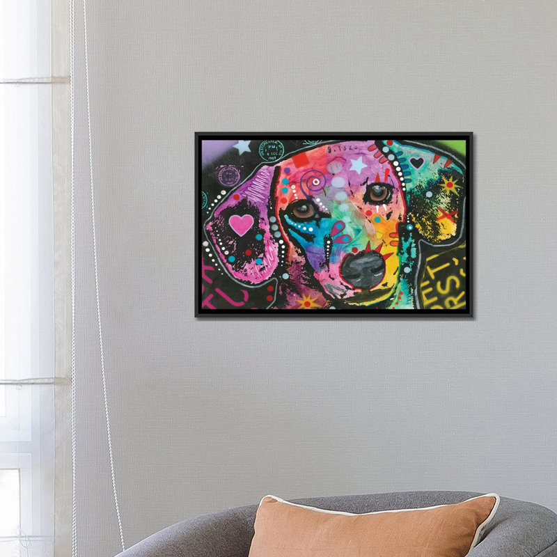 «Beagle» par Dean Russo - impression sur toile tendue, H 18 po x l 26 po x P 1,5 po, Toile avec cadre noir, Pas de tapis