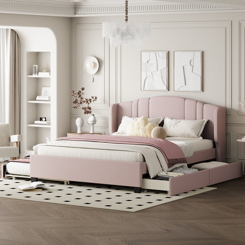 Shroyer Upholstered Platform Bed With One Twin Trundle And 2 Drawers, Pink