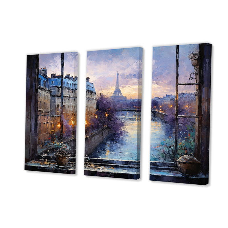 Vue de la fenêtre de Paris au coucher du soleil - Art mural de la ville de Paris, H 28 po x l 36 po, Toile tendue