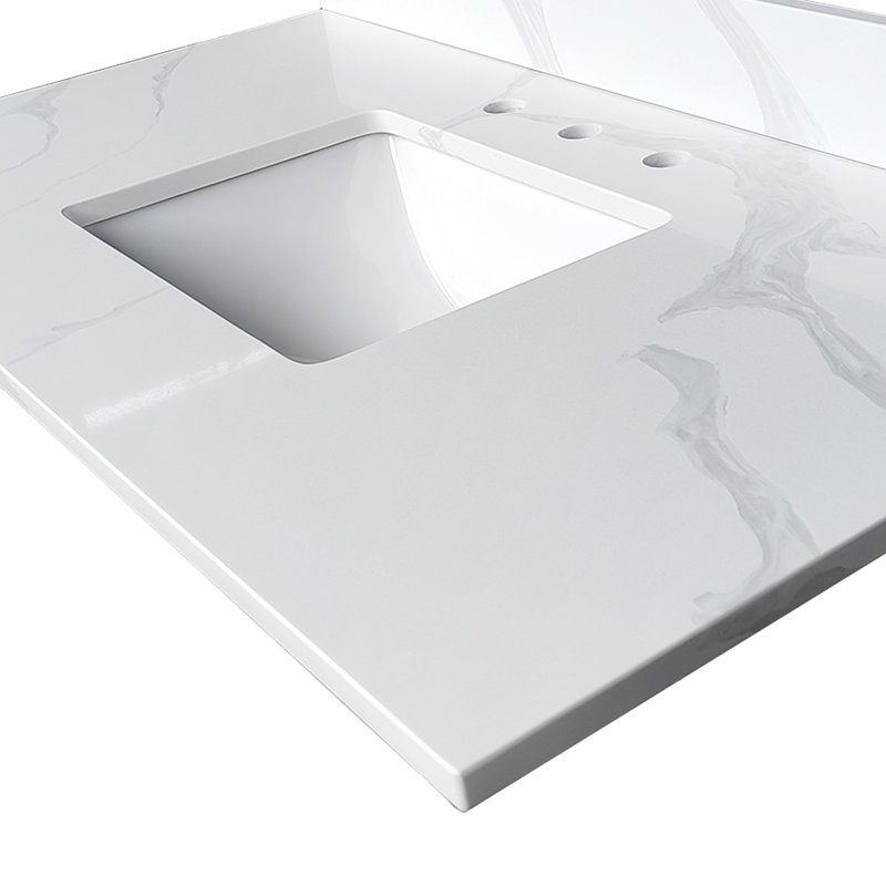 Plateau de meuble-lavabo en quartz blanc de 43 pouces, 3/4 po d'épaisseur, cuve simple encastrée, 4 dosserets, 3 trous de robinet, chauffage, modernisation luxueuse avec lavabo central, teinture haute pré-percée de conception américaine
