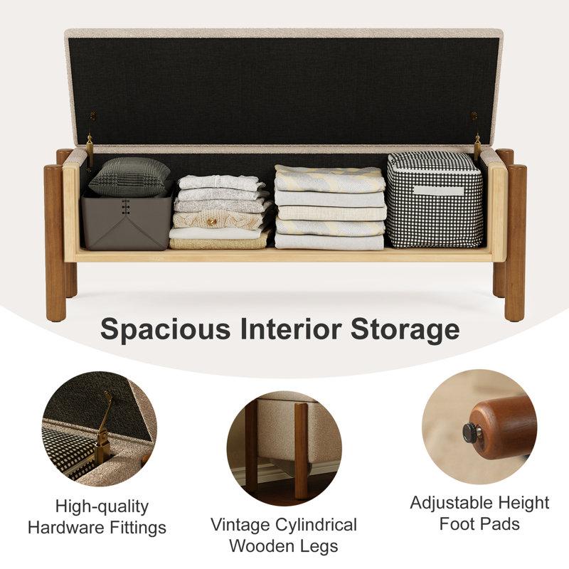 47'' Modern Upholstered Storage Bench With Walnut Wood Legs, Beige