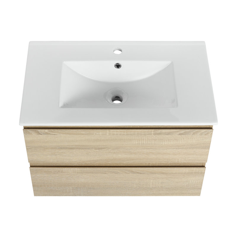 Meuble-lavabo mural 30 po avec lavabo en céramique, Chêne clair