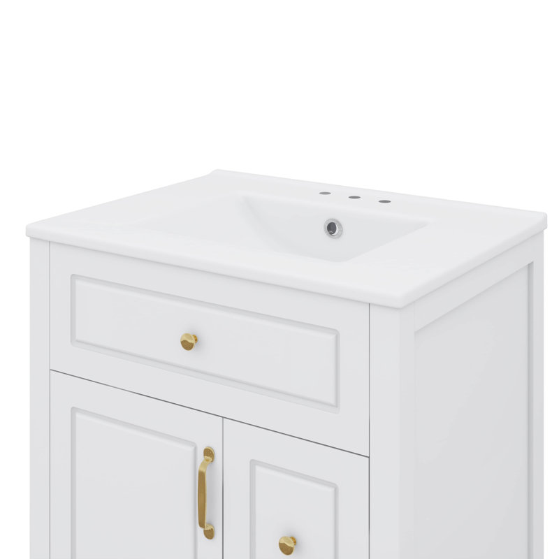 Meuble-lavabo de 24 po avec lavabo en céramique, 1 porte à fermeture en douceur et 2 tiroirs à fermeture en douceur, Blanc