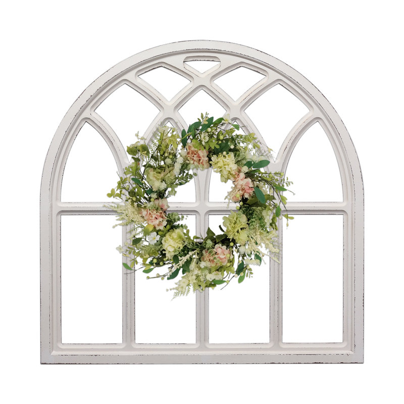 32 Inch Distressed White Wood Arched Window Frame Wall Decor, Handmade Rustic Window Pane