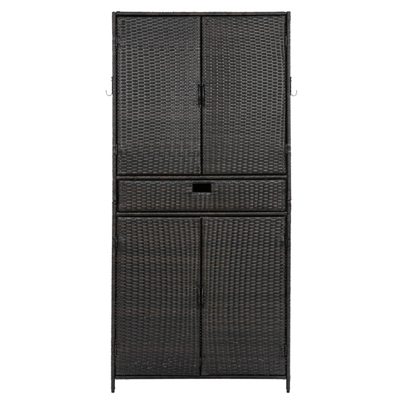 Armoire de rangement d'extérieur en osier de 76,4 po de hauteur avec tiroirs et tablettes réglables, Noir