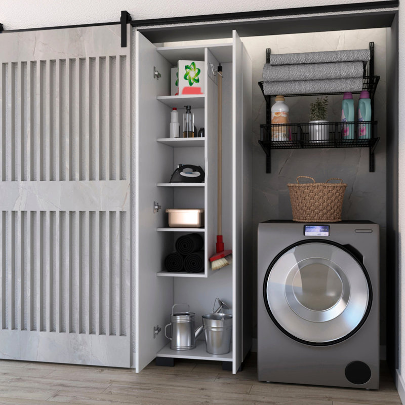 Armoire blanche à tablettes pour les articles ménagers - Rangez votre balai avec rangement inférieur