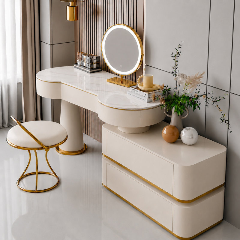 Grand bureau de coiffeuse avec miroir et tabouret, coiffeuse blanche crème moderne pour la chambre à coucher, bureau de maquillage avec rangement à 5 tiroirs pour femmes / filles
