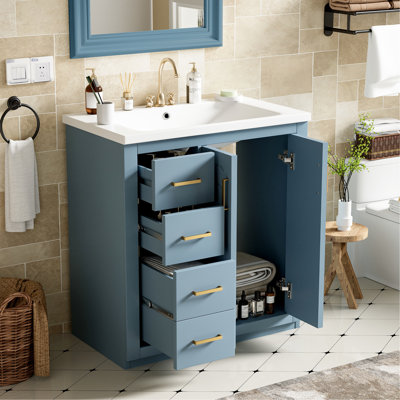 Meuble-lavabo de 30 po avec lavabo en céramique. Structure et planches en bois massif. Apparence. Armoire de rangement Indigo et fabriquée. Espace fonctionnel. Essentiel