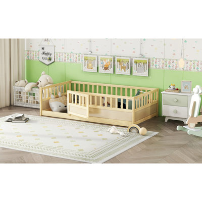 Twin Size Floor Bed, Integral Construction With Super High Security Barrier, Door, Children's Floor Bed Frame, Montessori Wooden Children's Floor Bed,
