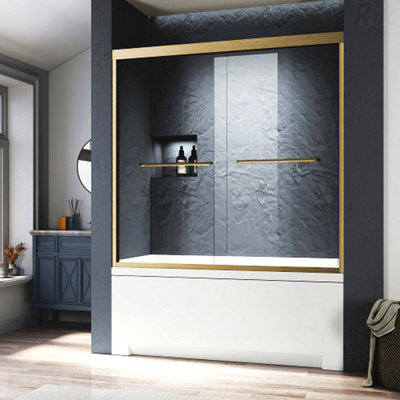 Shower Door 56-60 " W X 57 " H, Brushed Gold Semi Frameless Design Double Bathtub Shower Door,Certified Ansi Clear Tempered Glass,Stainless Steel Handles