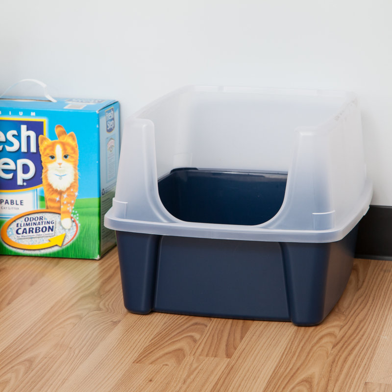 Navy Plastic Open-Top Cat Litter Box with Shield