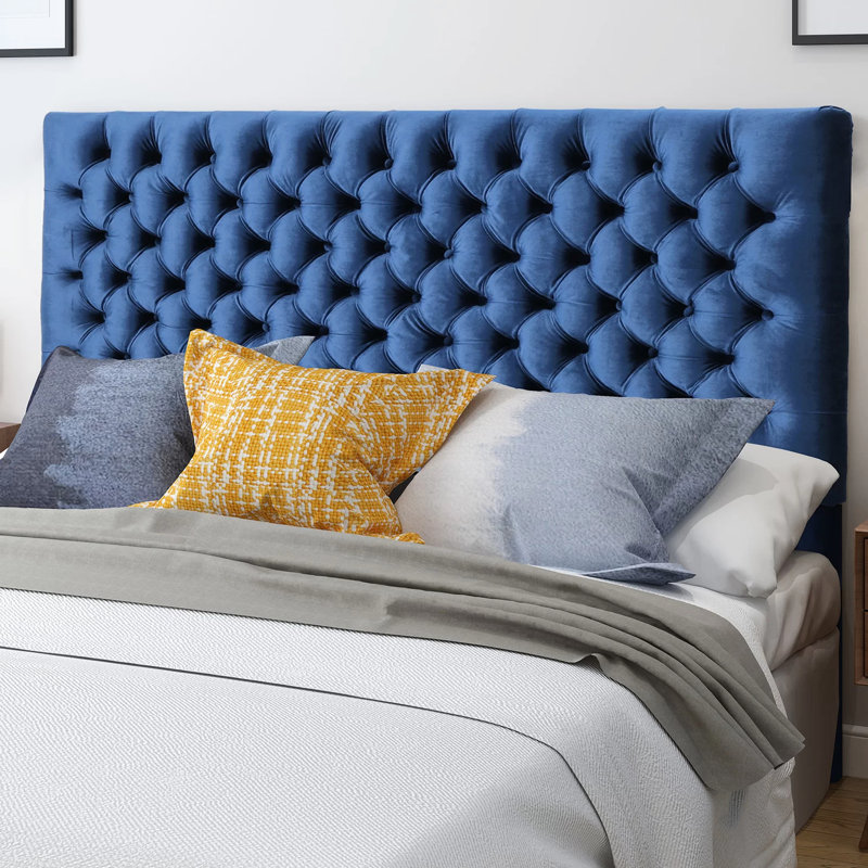 Contemporary Navy Blue Velvet Headboard For Queen, Adjustable Legs, Button Diamond Stitch Upholstery, Ravishing Queen Headboard, Height, Fashion