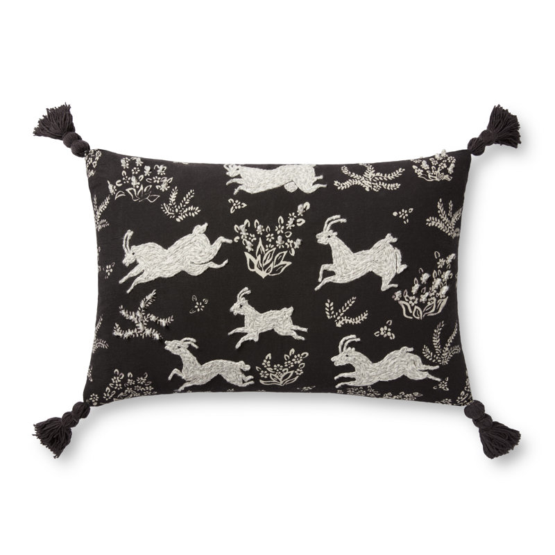 Black and Ivory Embroidered Cotton Throw Pillow with Tassels