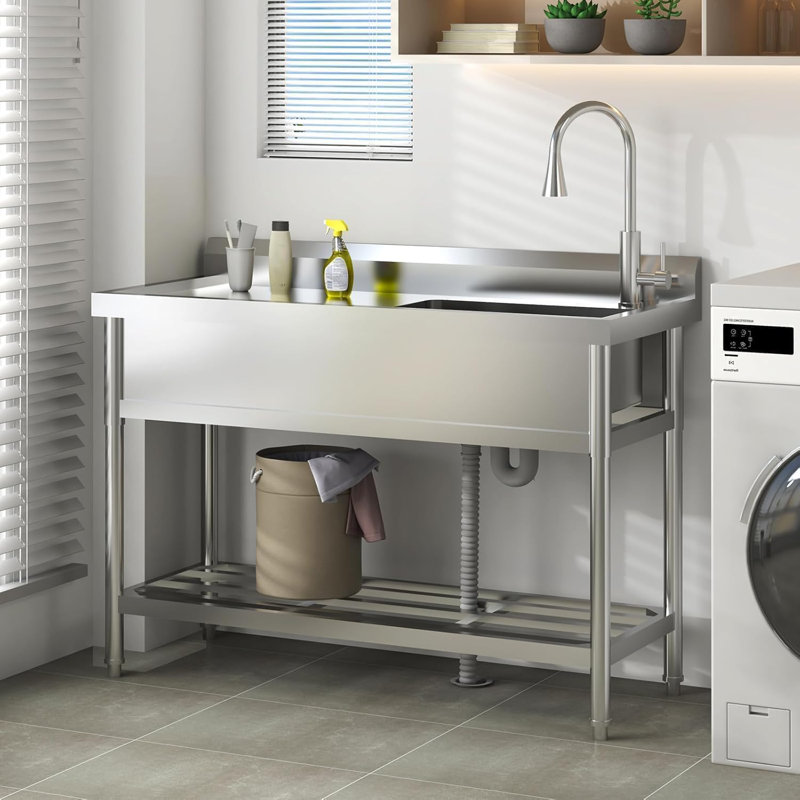 Freestanding Stainless Steel Utility Sink, Single Bowl Kitchen Sinks With Faucet & Cold and Hot Water Pipe, Commercial Outdoor Sink Station for Laundry, Bathroom, Garage, Garden, Shop, Farmhouse
