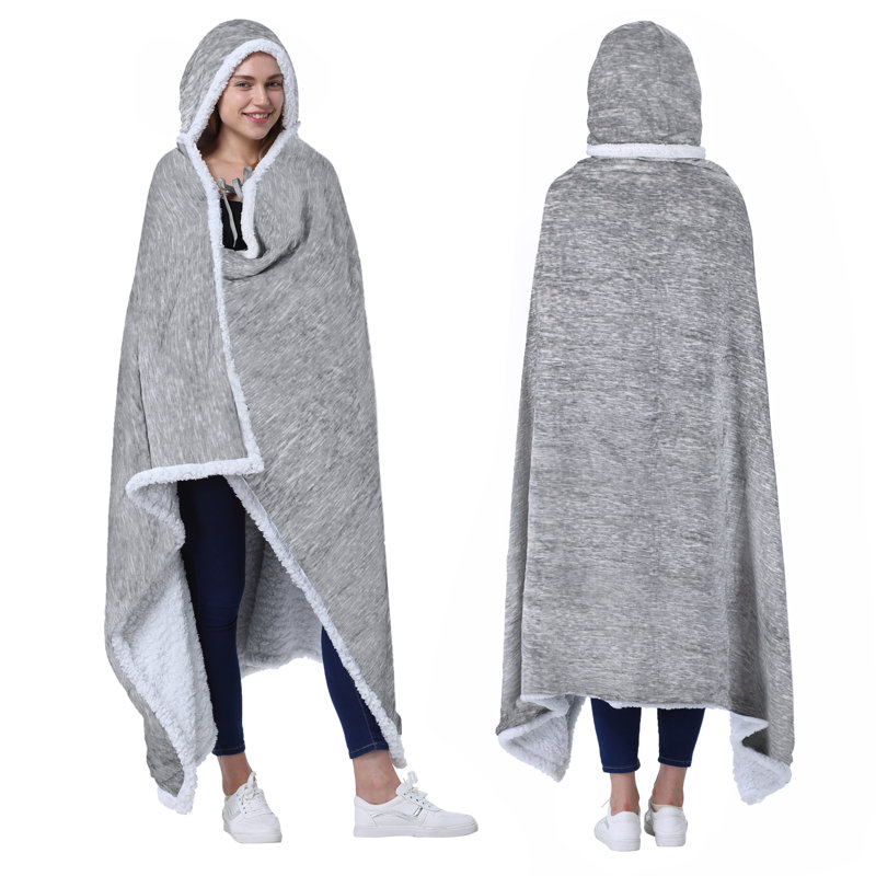 Light Gray Hooded Sherpa Fleece Wearable Blanket with Sleeves