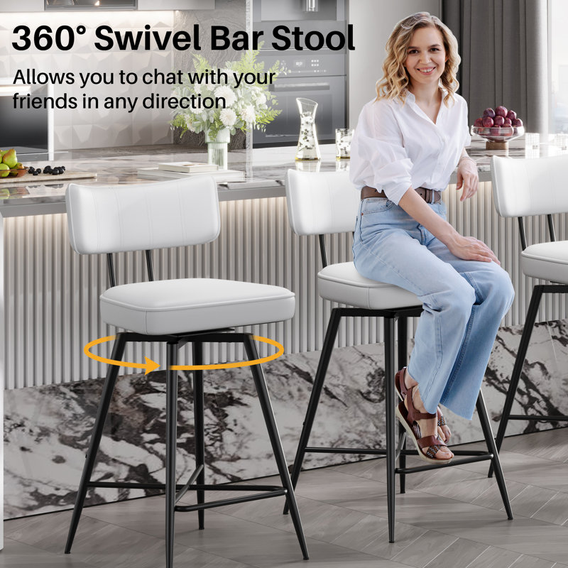 White Leather Swivel Counter Stools with Black Metal Frame, Set of 2