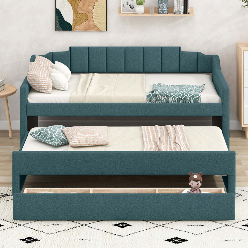 Wood Platform Bed With Trundle And 2 Drawers, Twin, Green