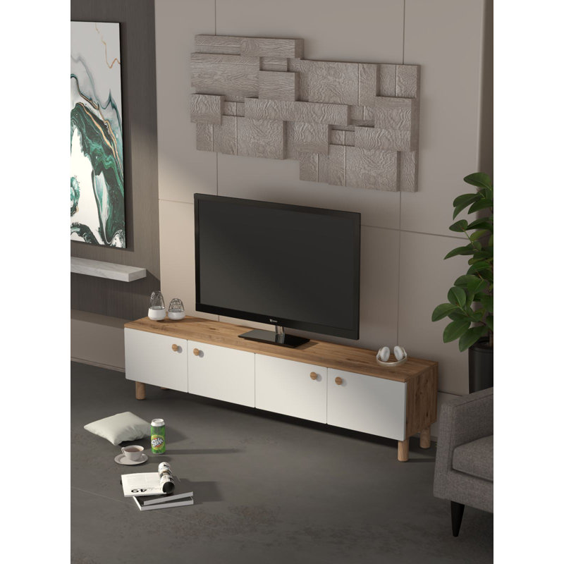 Modern TV Stand with Numerous Shelves, Atlantic Pine & White Finish, 70.9 x 18.5 x 13.8 inches | 100% Melamine Coated Chipboard, Thickness: 0.7 inches | Wall-Mountable, Scandinavian Design for Stylish Living Spaces