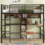 Lit mezzanine double en métal et bois avec bureau en L et tablettes, noir et brun
