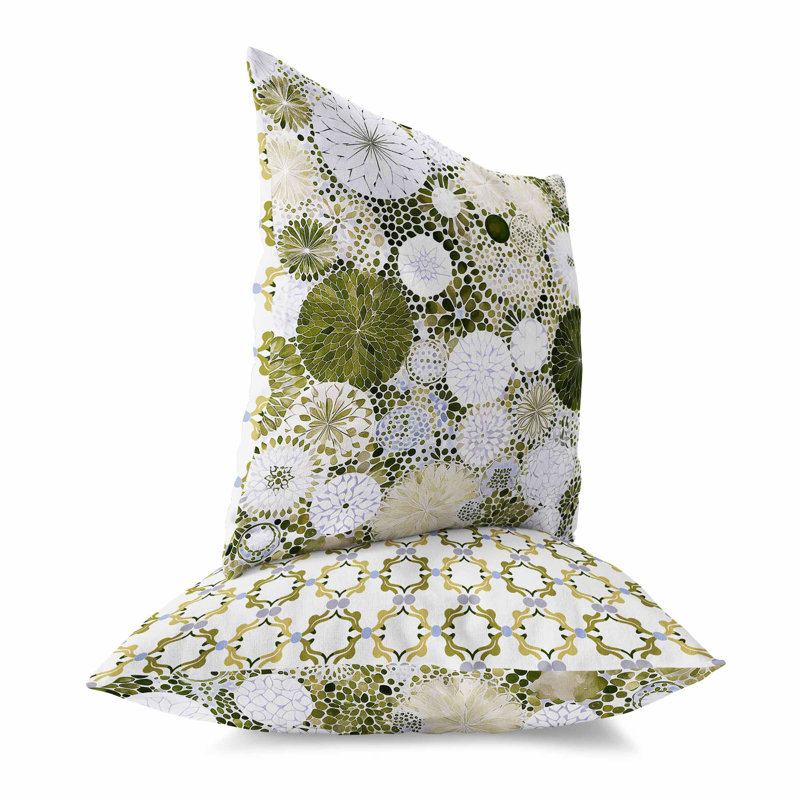 Green and Cream Floral Geometric Faux Suede Throw Pillow