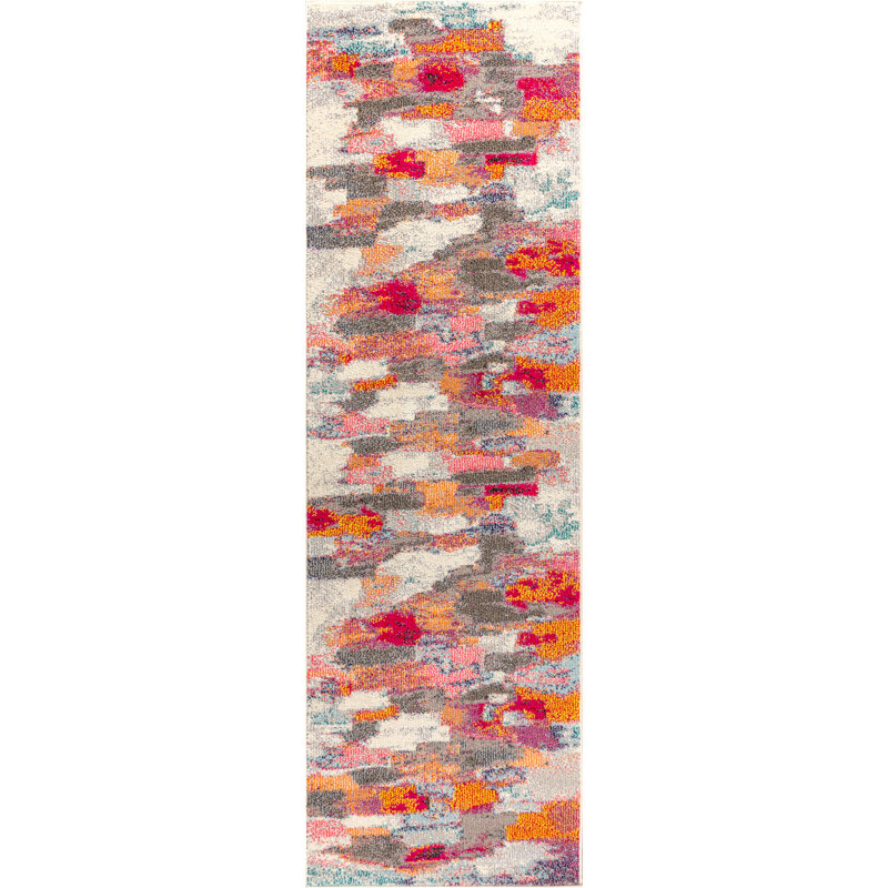 Lasley Contemporary POP Modern Abstract Brushstroke Ivory/Pink Rug, Runner 2'3" x 8'